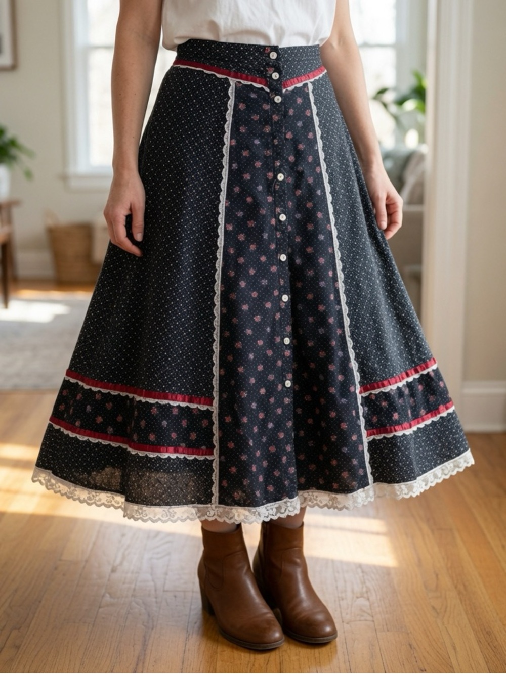 MAKE AN OFFER - GUNNE SAX Vintage A-Line Prairie Calico Midi Skirt Lace Trim